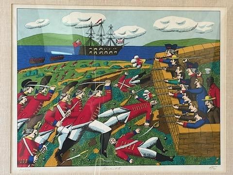 Oscar De Mejo (Italian-American, 1911–1992) – Bunker Hill (1975): Original color serigraph on paper titled Bunker Hill, executed in 1975 by Italian-American naïve artist Oscar De Mejo (1911&nda