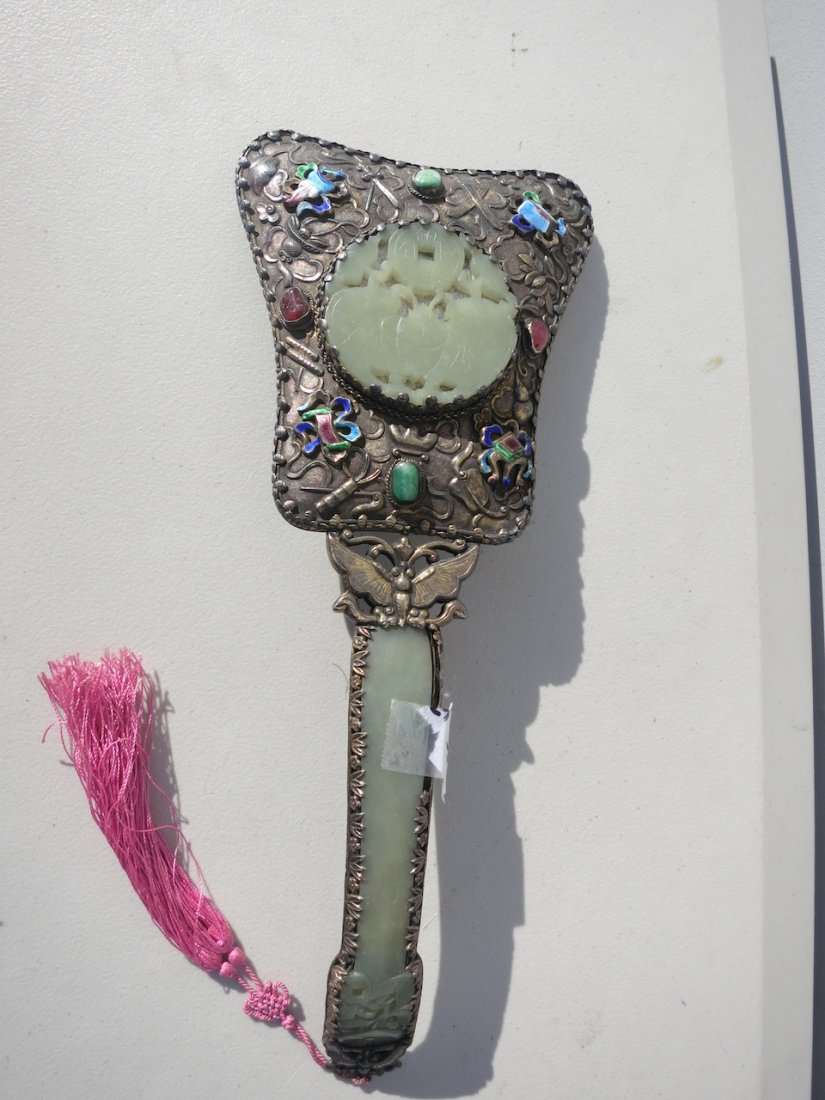 Antique Chinese Jade-Set Silver  Hand Mirror (1 of 4)