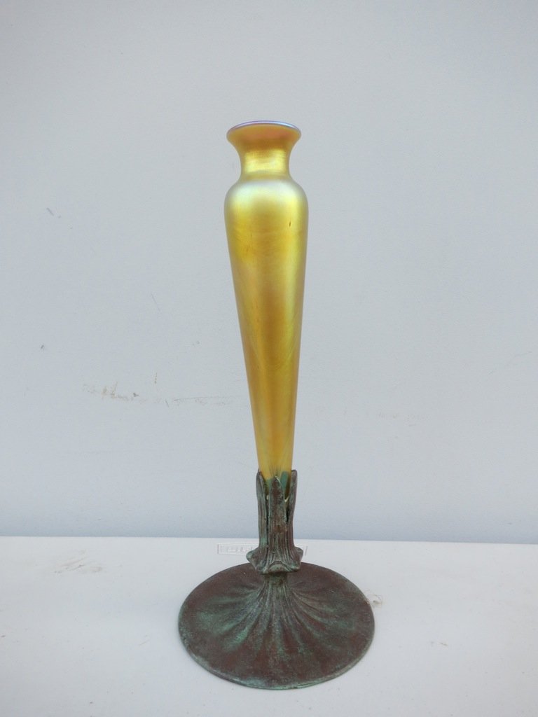 Favrile Glass Vase with stand: Gold favrile glass vase with stand, Tiffany style H.13"