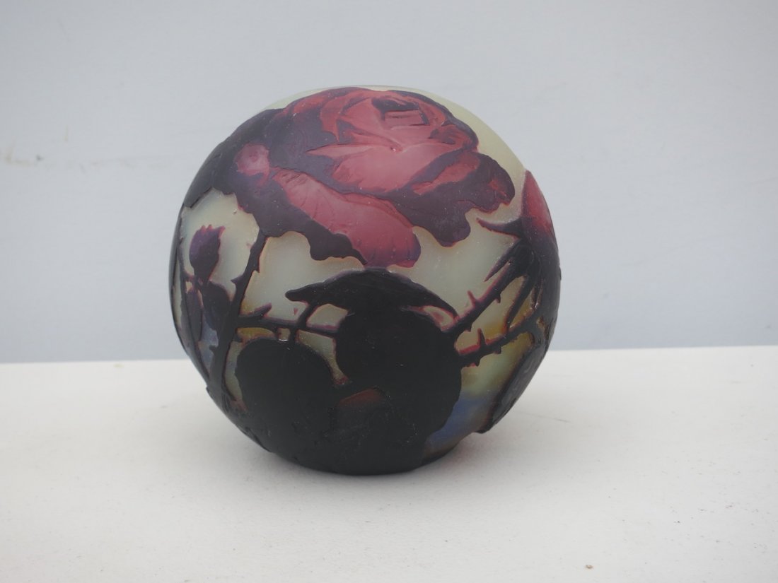 Muller Freres, Luneville Cameo Vase: Signed Muller Freres Luneville Round Cameo Vase ,Roses H. 5"