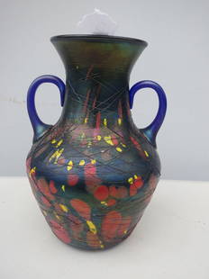 Multi colored 2 handled Art Glass Vase: 2 Handled Vase ,multi colored H.9"