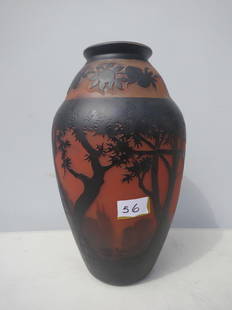 Rare Scenic .Muller Fres Luneville France Xlarge Vase: Signed Muller Fres Luneville France very scenic orange and Black/brown H. 16/1/2 X 10" W