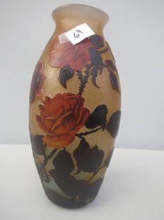 Muller Freres Luneville Cameo Vase: Colored stemmed roses Browns,Peach,Orange FloralH .13 1/4 x 7" W