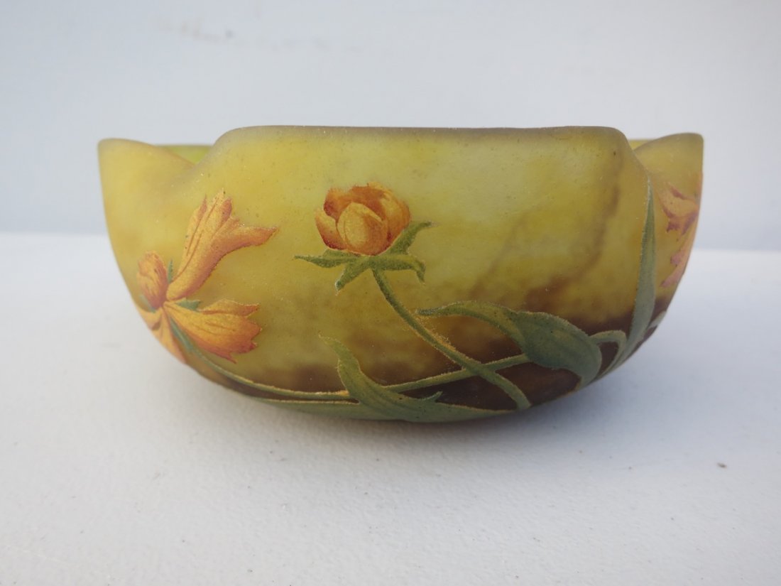 Daum Nancy Cameo & Enamel Pinched Floral Bowl: Yellow,green,orange,brownish floral pinched designed bowl.Signed Daum Nancy cross of Lorraine.H. 2.5" x 6"W x 6" D