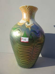 Art Glass Vase signed S ( L. E. Smith Glass Company): Gold /blue /green/ creamH. 16 1/2 x 9 1/2 Wsigned S. believed to be L.E. Smith Glass company.