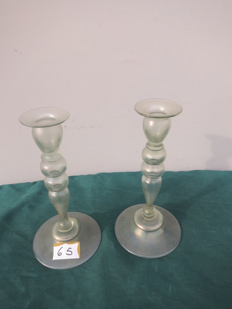 Pair of Hand Blown Glass Iridescent Candlesticks. (1 of 2)