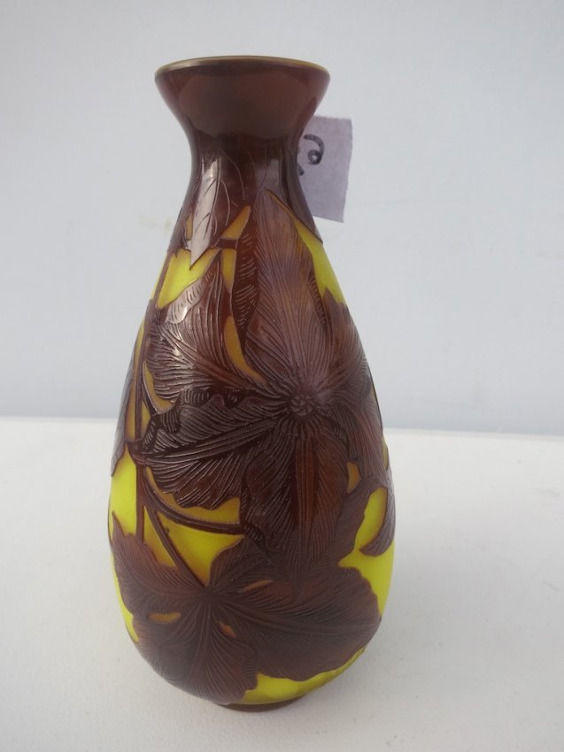 Delatte Nancy Cameo Glass Vase: Signed Delatte Nancy Vase Yellow ,brown floral design H.8\" x 4\" W