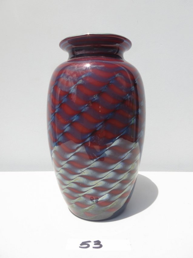 Signed Art Glass,Lundenberg Studios 9": Maroon and multi blues with pattern H.9.5 " x 5 " W Signed /numbered 0309113