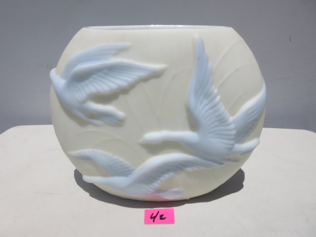 Phoenix Sculpture Ware Glass Vase: Phoenix Glass Flying Geese Vase 9 1/2' tal by 11" wide. Original label on bottom Phoenix Sculpture Ware.