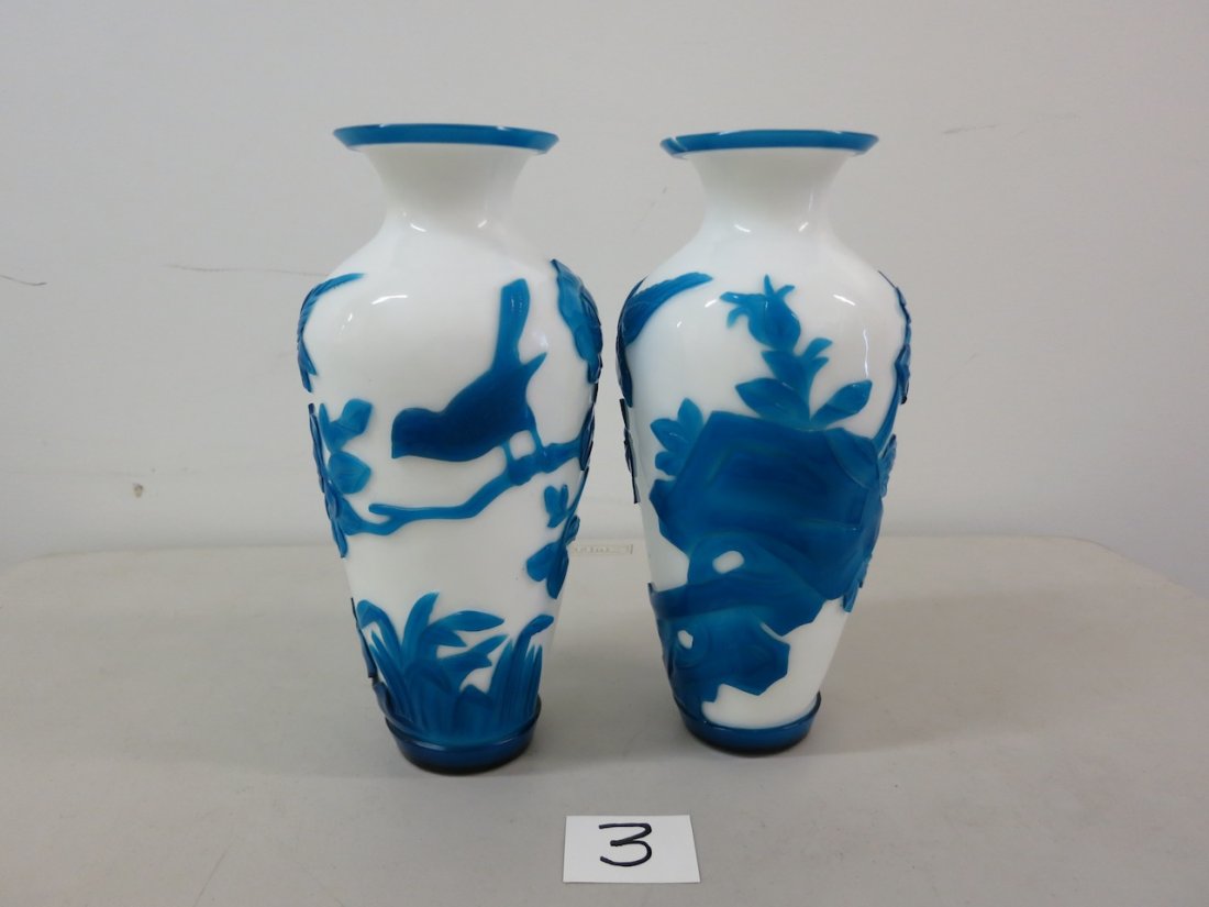 Pr /Peking Cameo Glass Art Glass Vase Blue/White 10" (1 of 2)