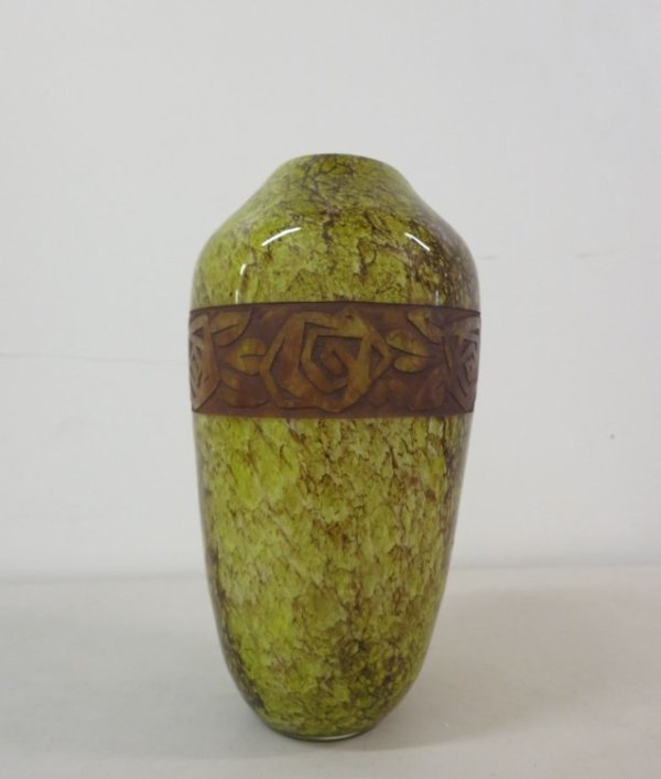 Le Gras French Art Glass Vase: A LEGRAS FRENCH ETCHED GLASS VASE, EARLY 20TH CENTURY. Of ovoid form in lemon colored glass internally decorated with mottled indigo and white cut over the shoulder with intaglio Art Deco design apple