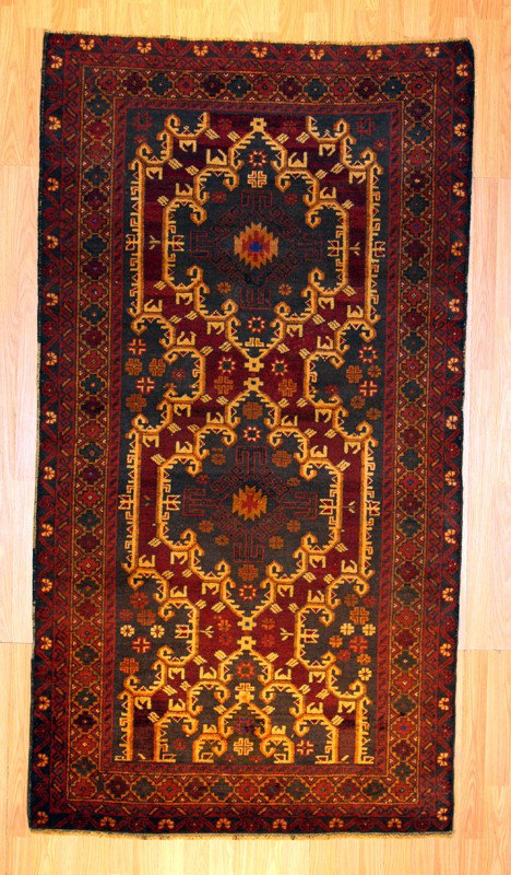 3'7" x 6'8" Baluch: Baluchi rugs are mainly woven by Baluchi tribal weavers in the southwest of Pakistan, northeast of Iran and northwest of Afghanistan.