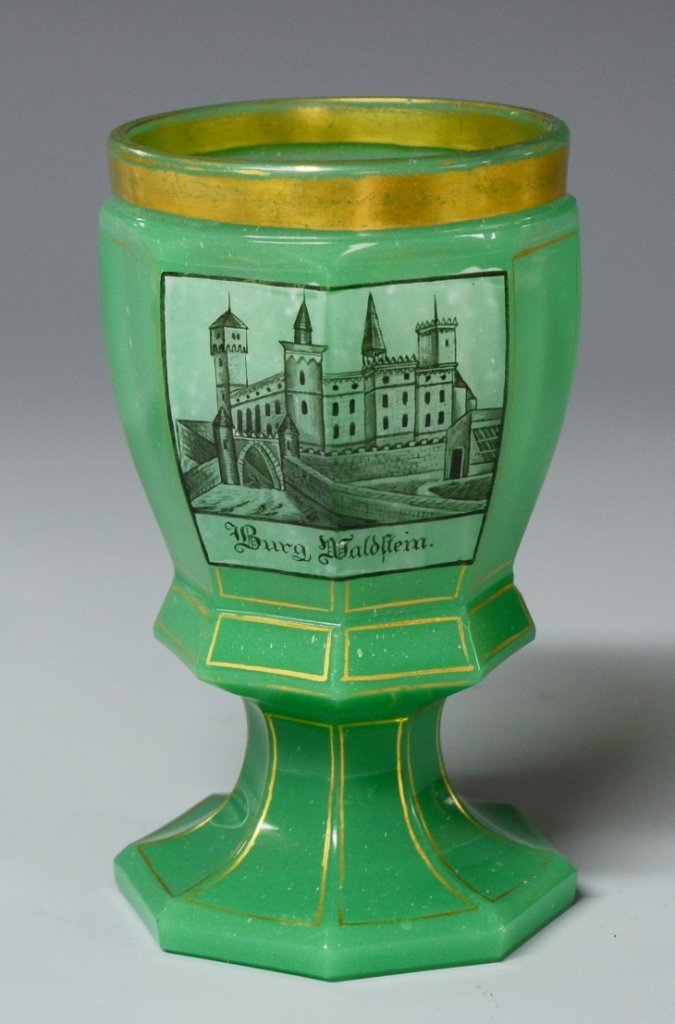 Green Opaline Beaker: Blown glass, facet-cut and gilded. White and black enameled building scene. "Burg Waldstein" 5.25"ht., Bohemian, circa 1860.