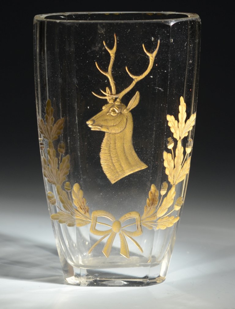 Pocket Beaker: Clear glass facet-cut. Gilded engraving of stag and oak leaf wreath. 4.5"ht., Bohemian, circa 1880.