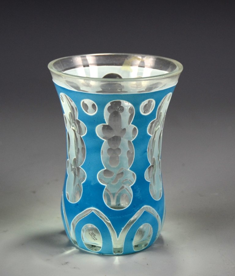 Overlay Glass Beaker: Blue enamel over white and clear glass with decorative cuts to clear. 4.75"ht., Bohemian, circa 1875.