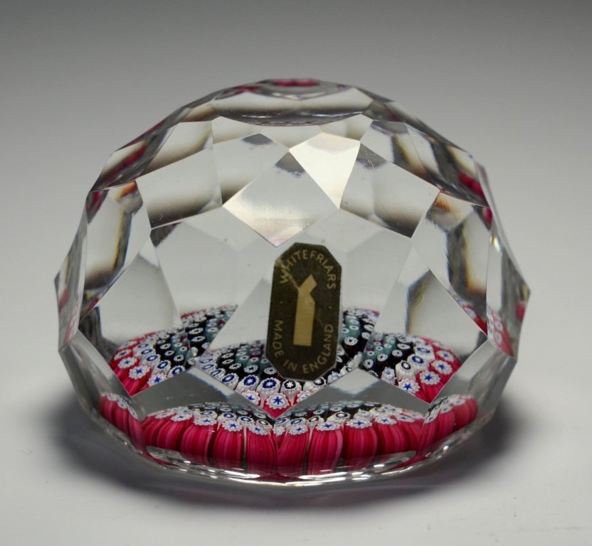 Whitefriars Paperweight: Clear glass over millefiori base. Whitefriars, England, circa 1971.
