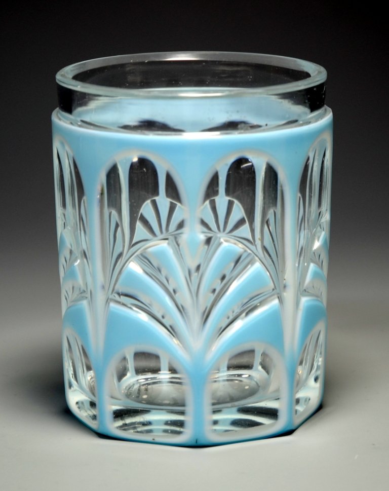Double Overlay Beaker: Blue over white over clear, with facet and decorative cuts to clear. 4.75"ht., Bohemian, circa 1860.
