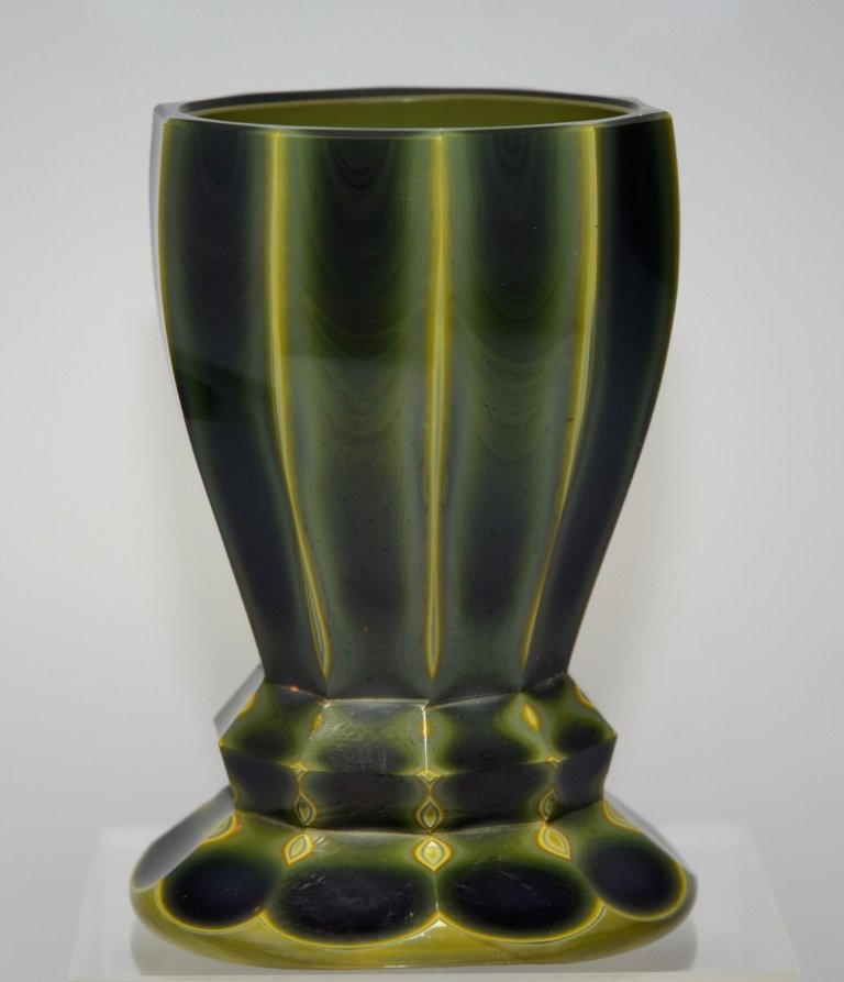 Lithyalin Beaker: Dark yellowish-green marbled glass cut with ten facets. Possibly from Friedrich Egermann workshop, Blottendorf. 4.5"ht., Bohemia, circa 1830.