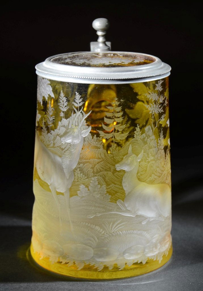 Clear Glass Stein: 0.5L., Amber stained and wheel-cut. Intaglio cut stag scene around body, with matching glass inlaid lid. 6.0"ht., Bohemian, circa 1870.