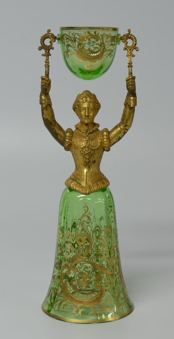 Fritz Heckert Wedding Beaker: 10.3"ht., fluted interior green glass base and bowl. Ornamental gilded decoration. Fritz Heckert, circa 1890.