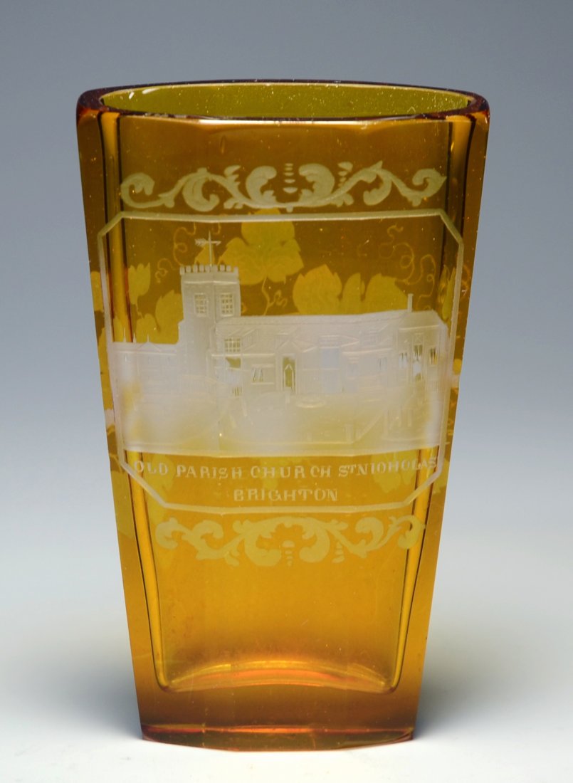 Pocket Beaker: Amber stained and wheel-cut. "Old Parish Church St. Nioholas Brighton." 4.25"ht., circa 1890.