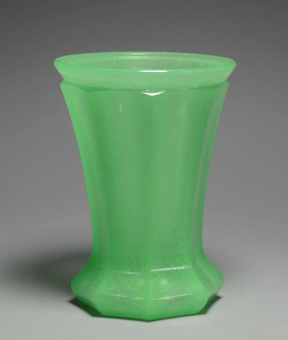 Beaker: Green opaline glass beaker, facet-cut body. 5.5"ht., Bohemian, circa 1850.