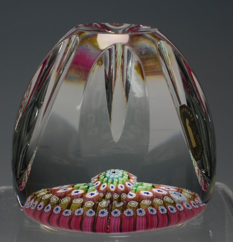 Whitefriars Paperweight: Clear glass over millefiori base. Whitefriars, England, circa 1971.