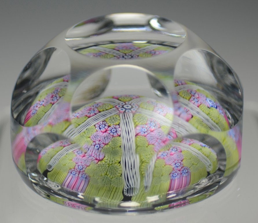 Whitefriars Paperweight: Clear glass over millefiori base. Whitefriars, England, circa 1976.