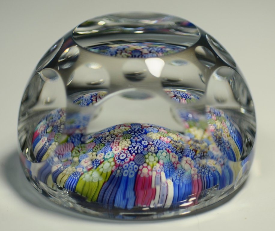 Whitefriars Paperweight: Clear glass over millefiori base. Whitefriars, England, circa 1978.