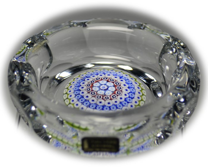Whitefriars Paperweight Ashtray: Clear glass over millefiori base. Whitefriars, England, circa 1976.