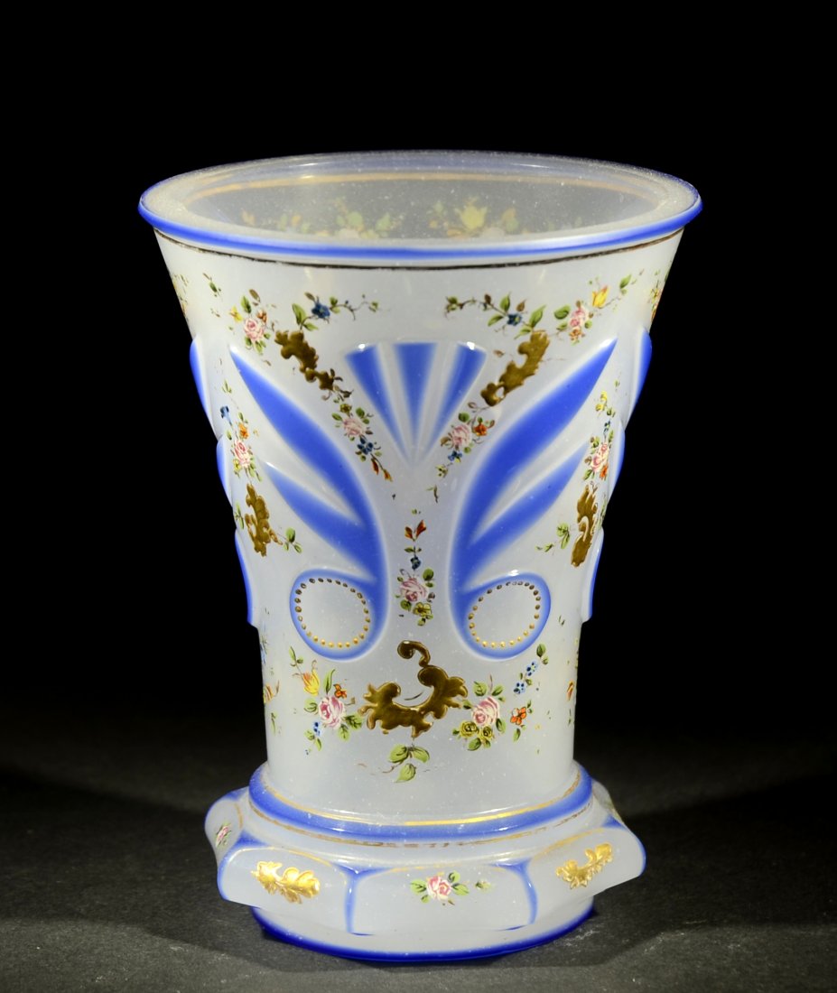 Opaline Overlay Beaker: Blown, blue over white opaline glass, fancy decorative facet-cuts. Pasty gold and floral enamel decoration. 4.75"ht., Bohemian, circa 1850.