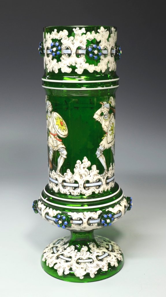 Fabulous Enameled Pokal: Blown, green glass pokal with applied prunts. Enamel decoration of two knights fighting. 13.5"ht., by, Anton A. Egermann, Haida, circa 1890.