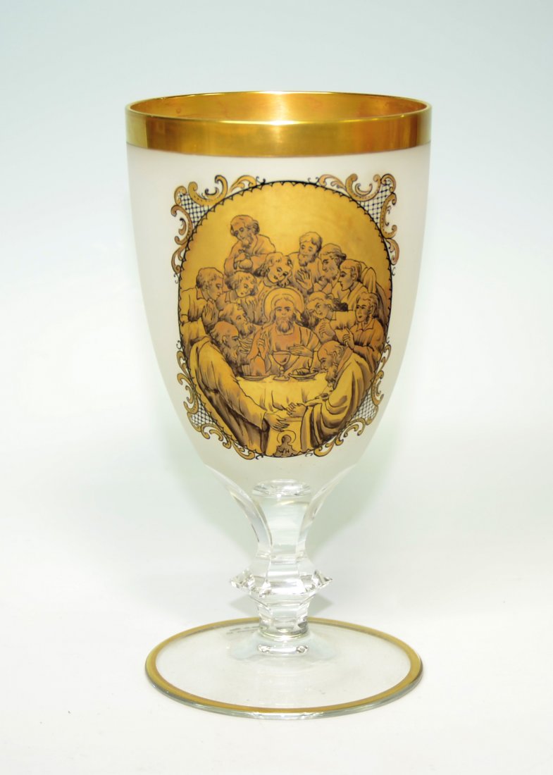 Frosted Enameled Goblet: Blown clear glass, frosted and enameled. Facet-cut stem. Religious scene "last supper" 7.0"ht., Czech, circa second half 1900's. Signed W. Herrmann