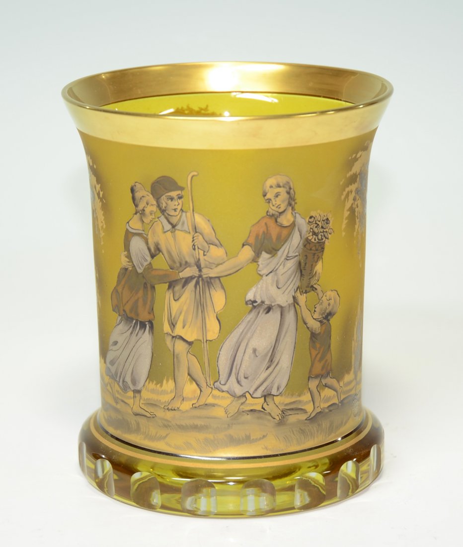 Enameled Beaker: Blown clear glass. Stained amber and frosted. Decorated with gold and black enamel. Friendship scene. 5.0"ht., German or Czech, circa second half 1900's. Signed W. Herrmann