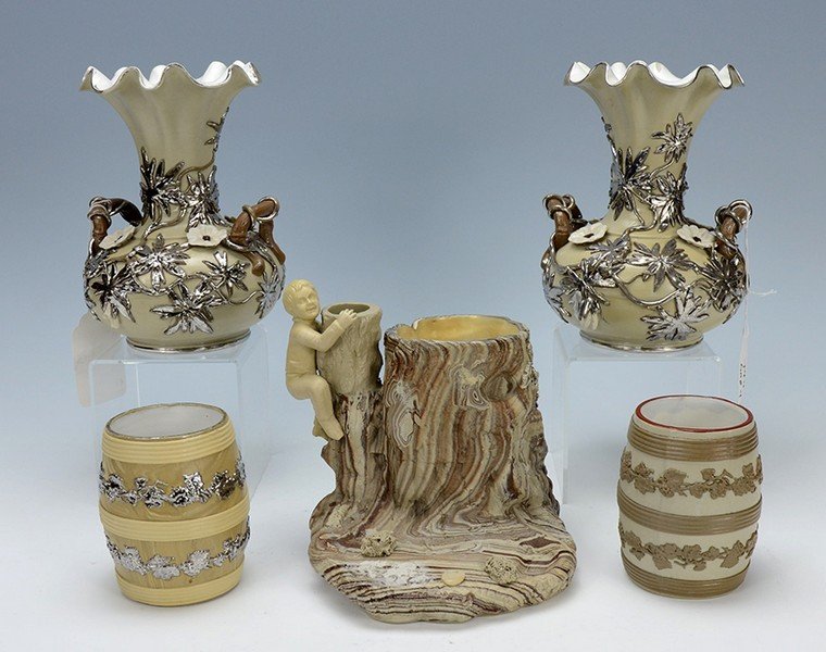 Group of Mettlach Earlyware: 2 Beakers, 2 Vases and a cigar holder