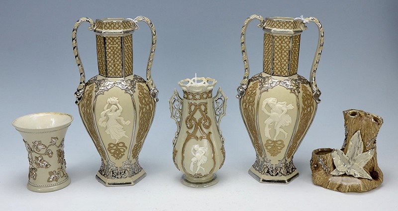 Group of Mettlach Earlyware: 3 Vases, a cigar holder and a beaker. From 11" to 4".