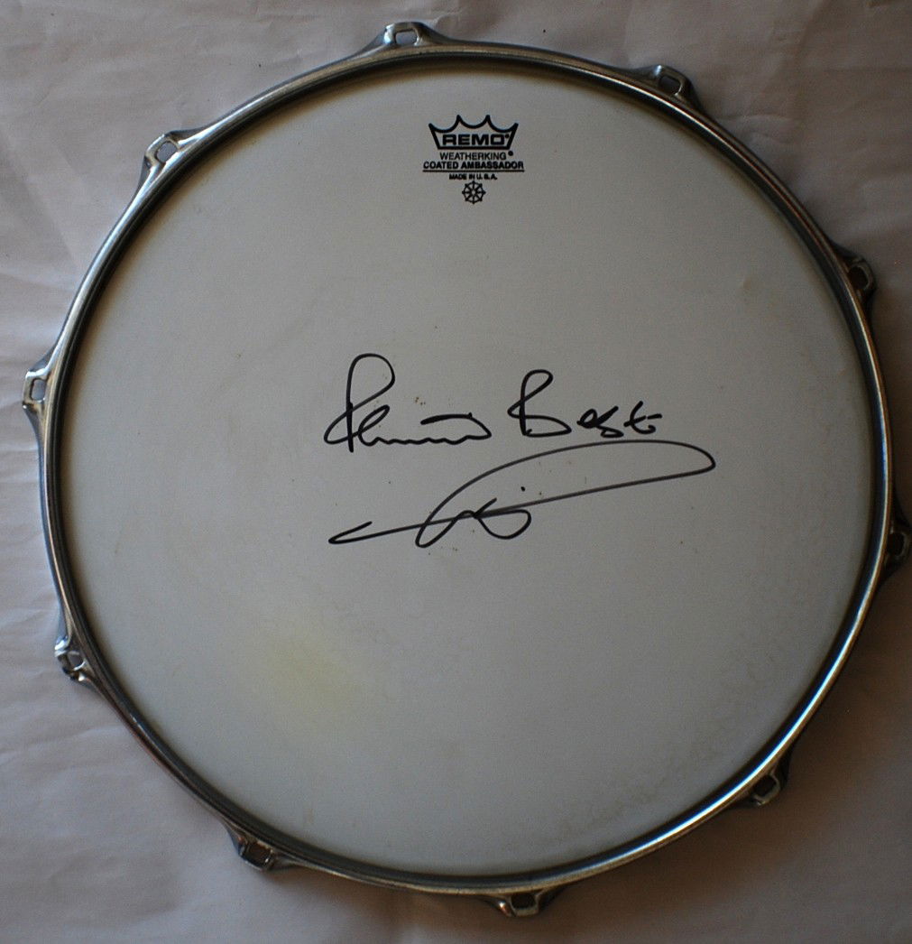 Pete Best (first BEATLES drummer) autographed drum: Pete Best (first BEATLES drummer) autographed drum head, 15 ½” diameter