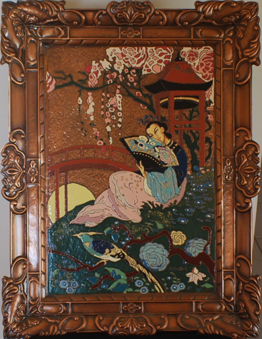 Albert Gilles (Canada, 1895 – 1979) enamel on bras: Albert Gilles (Canada, 1895 – 1979) “Oriental Lady with fan” enamel on brass, image 13” x 19” brass frame 19 ½” 25 ½, total weight 8,9 lb