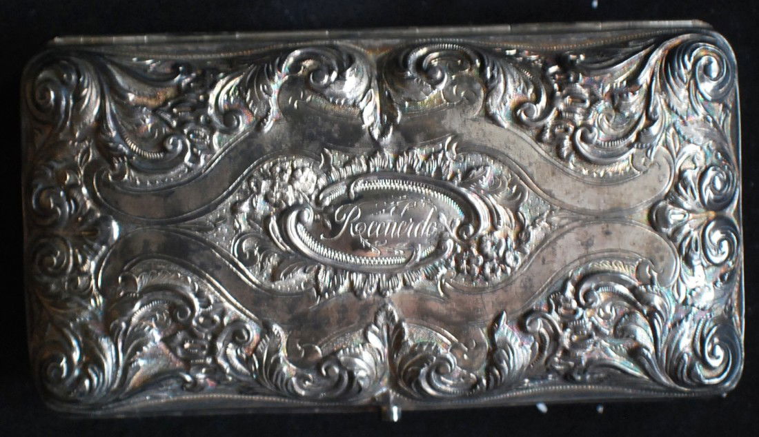 Silver box, engraved. 4 ¾” x 2 ¾” x 1”: Silver box, engraved . Size 4 ¾” x 2 ¾” x 1”.Not marked, not tested.