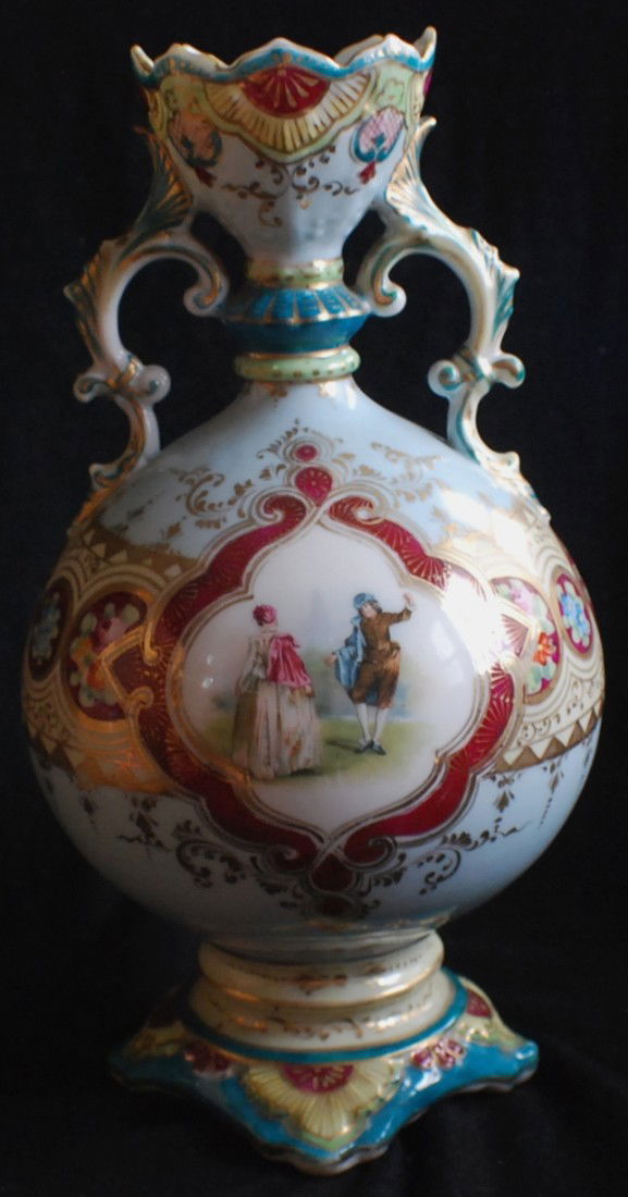 Amphora style hand painted vase, European royal sc: Amphora style hand painted vase with European royal scene, 9 ½” tall