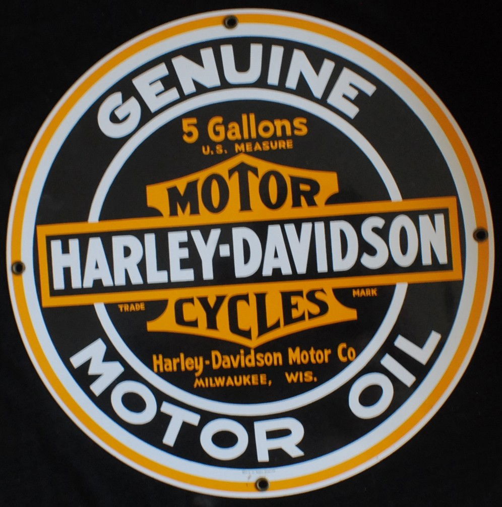 Harley-Davidson Motor Oil sign, porcelain on metal: Harley-Davidson Motor Oil sign, porcelain on metal. 11 ¼” diameter.