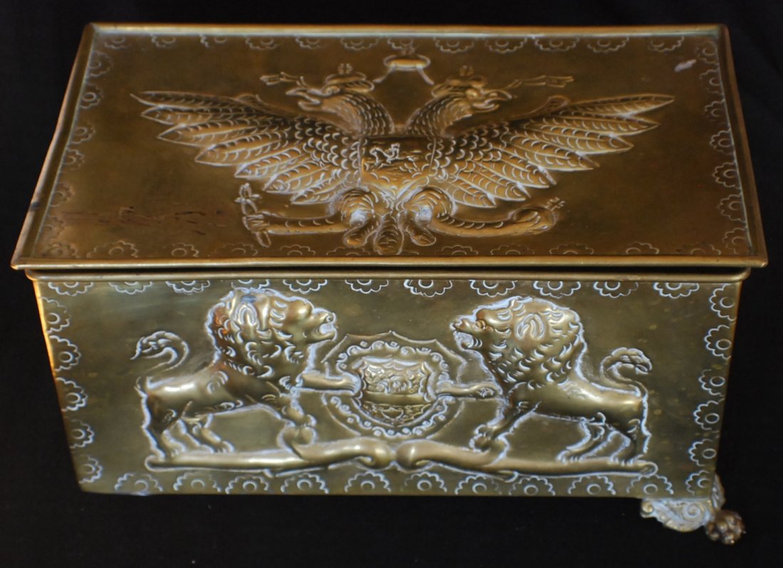 Early 1800’s Imperial Russian Brass Humidor: Early 1800’s Imperial Russian Brass Humidor with tin insert, 8” x 51/2”, 5” tall. Embossed Imperial Coat of Arms on the lid and pair of lions on the front panel