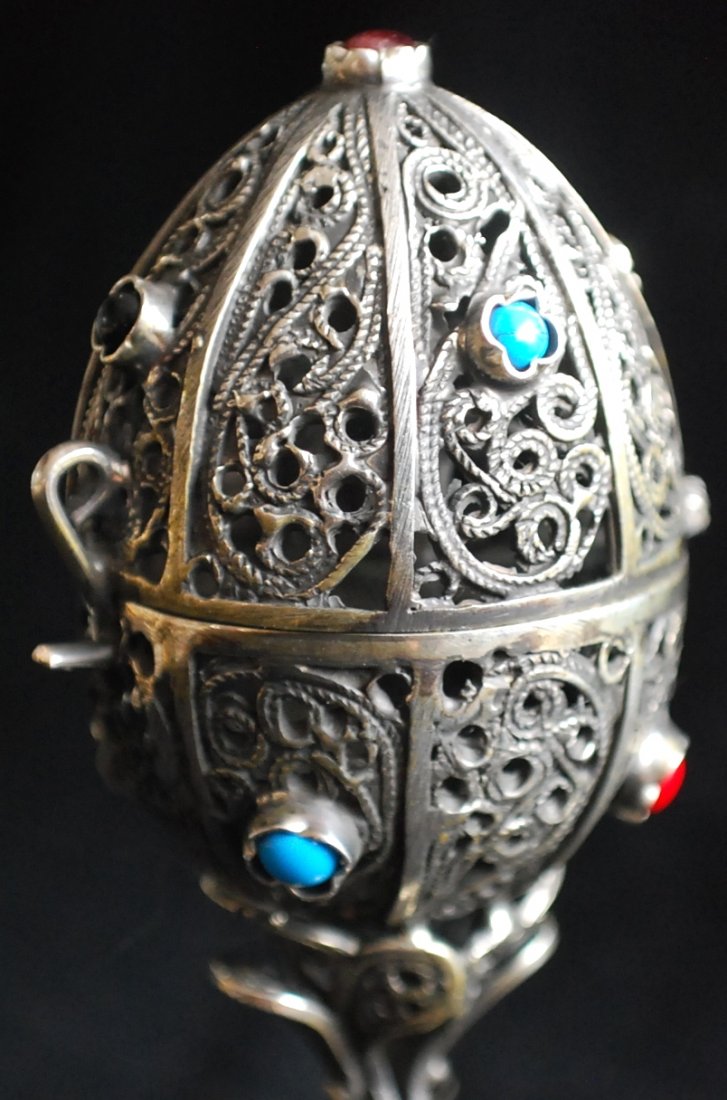 84 Silver Egg on Stand: 84 Silver Egg on Stand, beaded with blue and red stones. Most likely a copy of original work. Hallmarked, 3 7/8” tall, weights 80 gram