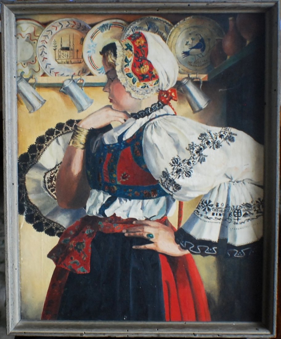 Portrait of a girl in traditional dress: Portrait of a girl in traditional dress, Eastern European (West Ukraine, Hungary, etc.) Mid 1900's Oil on Canvas 20” x 16”, wooden frame 21” x 17”. Not signed