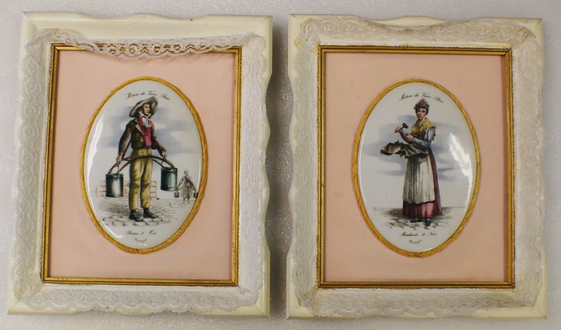 Pair of antique Limoges porcelain plaques: Pair of antique Limoges porcelain plaques in wooden frames with lace trim. Plaques 7” x 5”, frames 12 ½”x 10 ½”