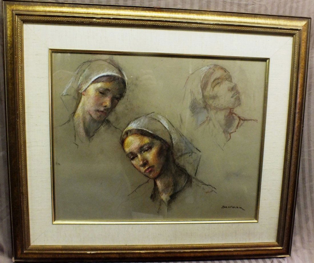 Robert Brackman (1898 – 1980” Studies of woman hea: Robert Brackman (1898 – 1980” Studies of woman head for “On Connecticut Shore” painting. Pastel on paper 17” x 21 ½”, frame 26 ½” x 31, signed lower right.