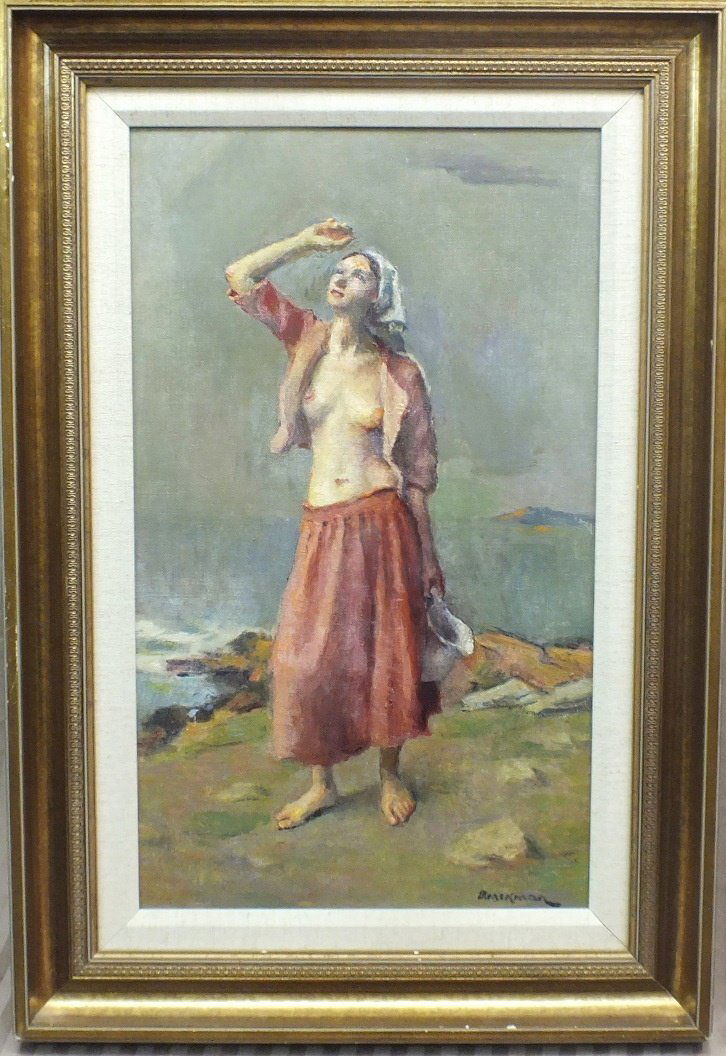 Robert Brackman (1898 – 1980) “On Connecticut Coas: Robert Brackman (1898 – 1980) “On Connecticut Coast” oil on canvas 20” x 12”, frame 25 ½” x 17 ½”. Signed lower right. Good condition