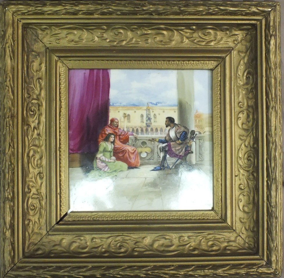 KPM Style “Othello” paining on porcelain plaque: KPM Style “Othello” paining on porcelain plaque 5 ½” x 5 ½”, frame 10 ¾’ x 10 ¾”, signed. Not examined out of the frame. Possibly has KPM mark as KPM has a number of similar plaques of