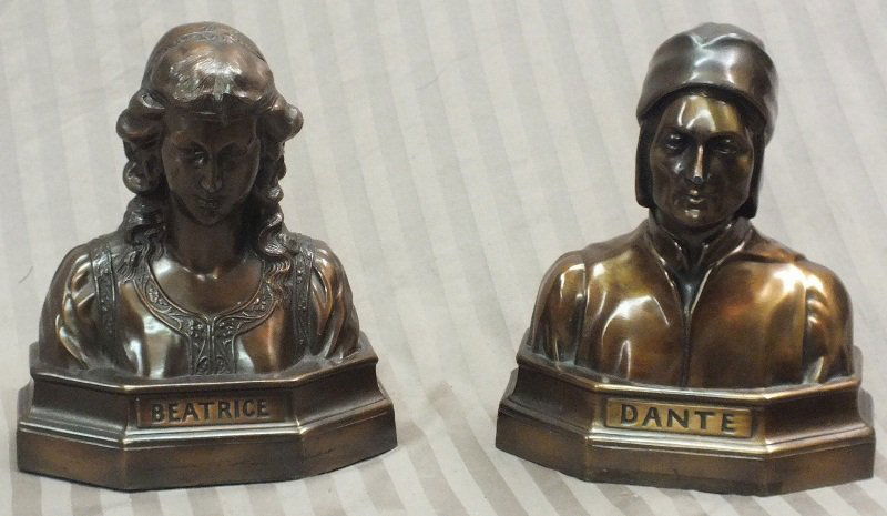 1920 – 1930’s Beatrice and Dante bookends by Armor: 1920 – 1930’s Beatrice and Dante bookends by Armor Bronze. 6 ¾” x 5 ¾” x 3”, 5.7 lb