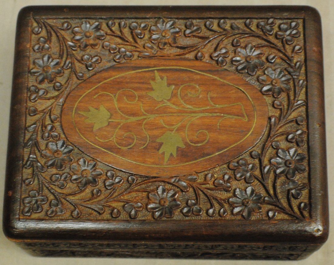 Wooden carved and Inlaid with brass Jewelry box: Wooden carved and Inlaid with brass Jewelry box 6” x $ ½” x 2 ½”